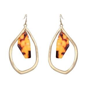 Tortoise Shell Matt Gold Leaf Geometric Hook Dangle Statement Earrings